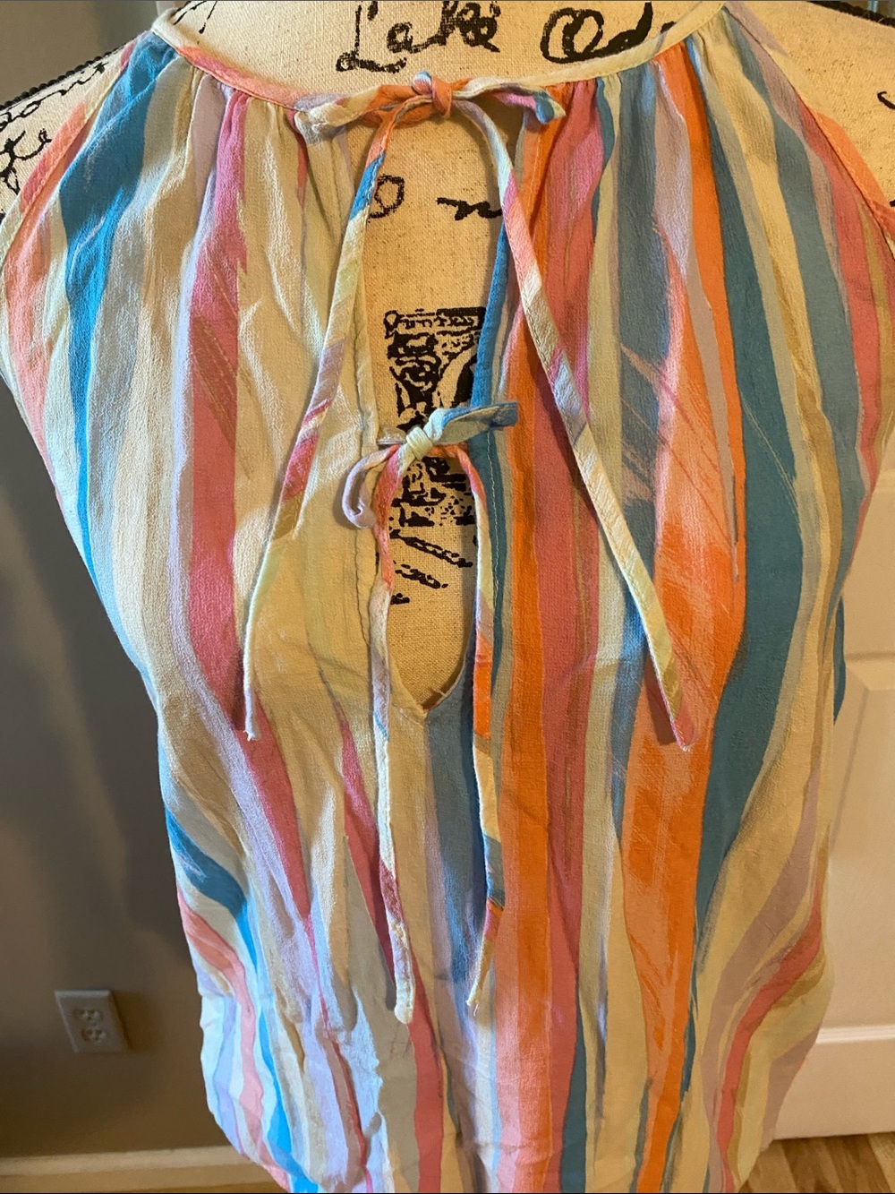 GAP Striped Sleeveless Tie-Neck Tank Top in Blue, Pink, Orange, White